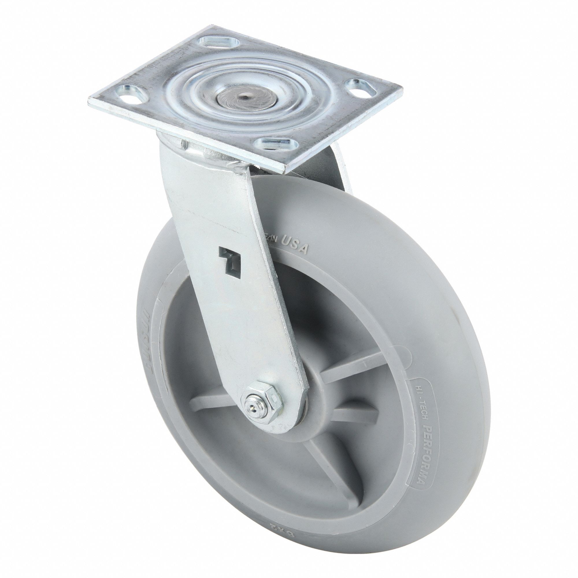 Plate Caster: Swivel, No Brake, Rubber, 8 in Wheel Dia, 2 in Wheel Wd, 9 1/2 in Mounting Ht