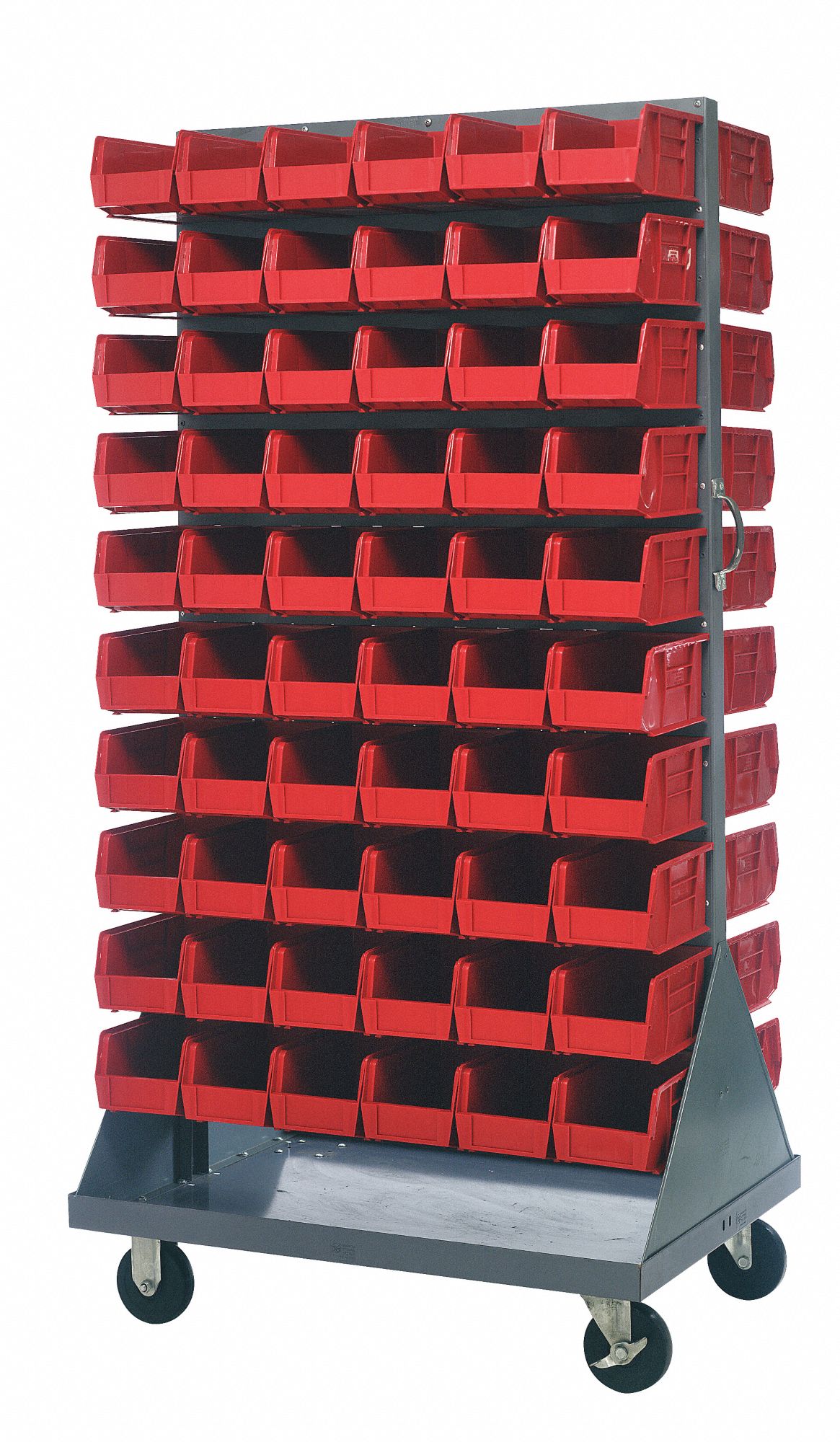 Mobile Louvered Floor Rack: 36 in x 24 in x 72 in, 120 Bins Included, Red