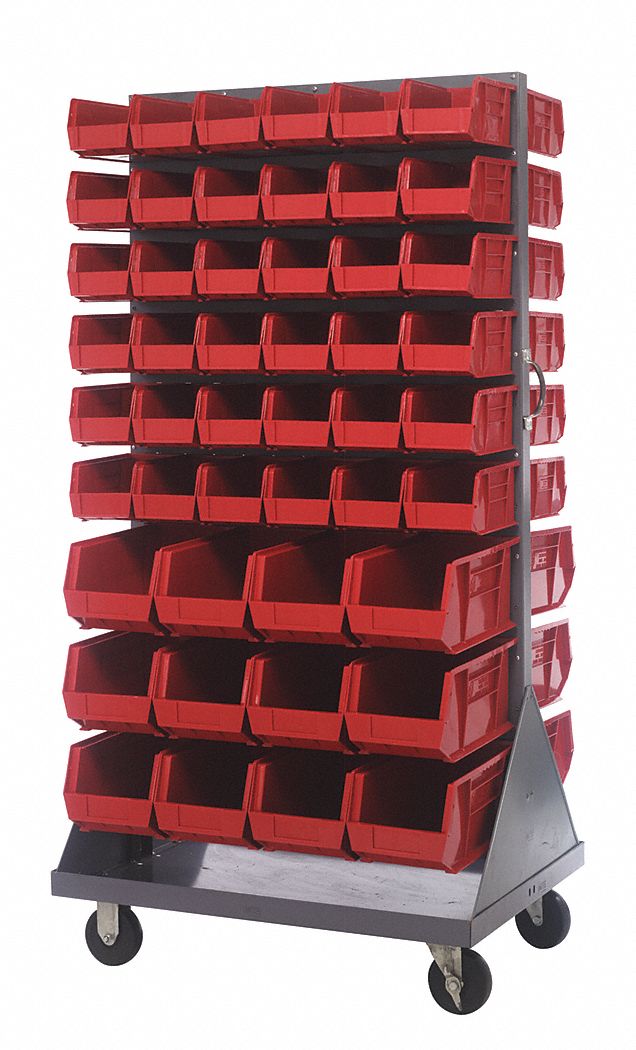 Mobile Louvered Floor Rack: 36 in x 24 in x 72 in, 96 Bins Included, Red