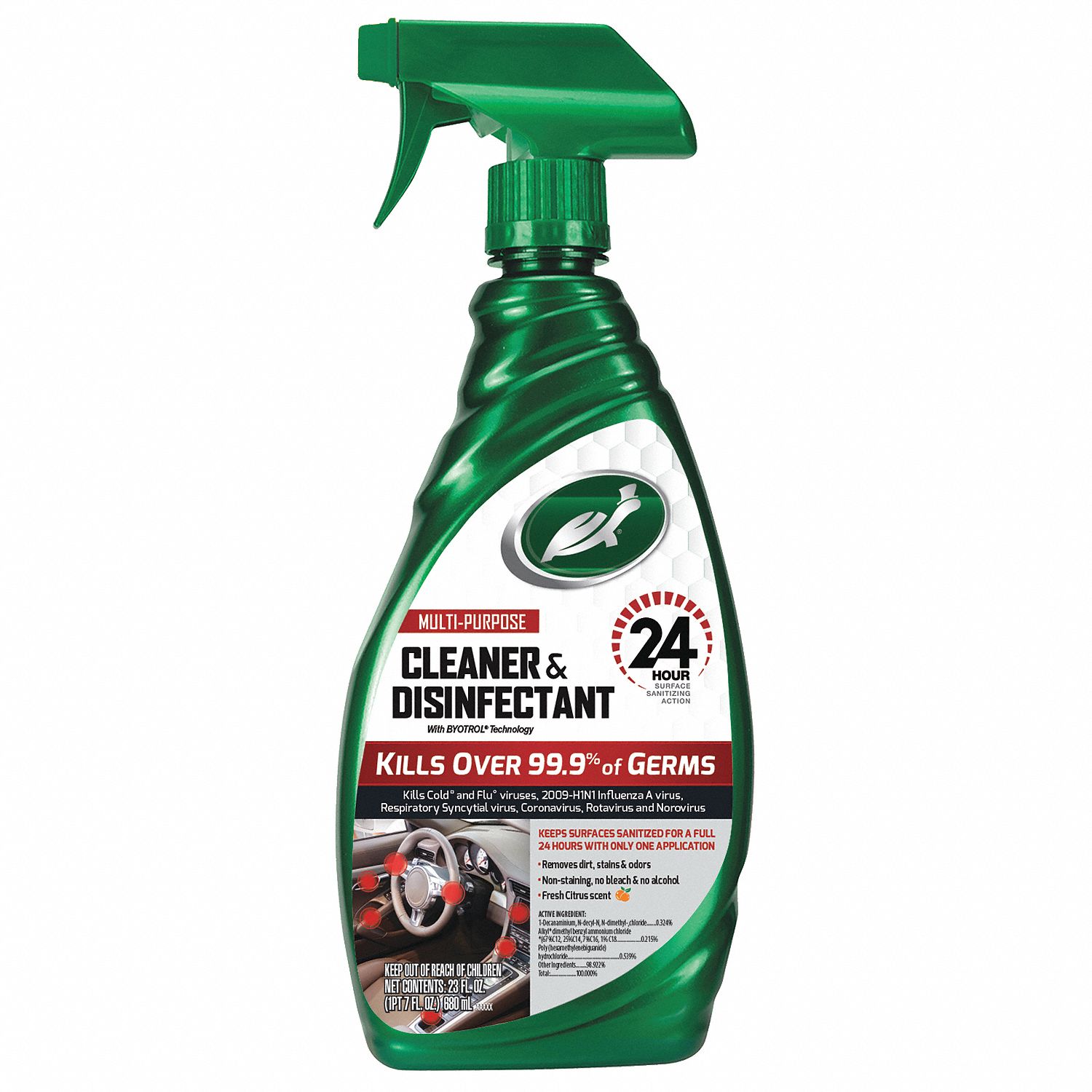Multi-Purpose Cleaner and Disinfectant: Spray Bottle, Clear, Liquid, Trigger Spray