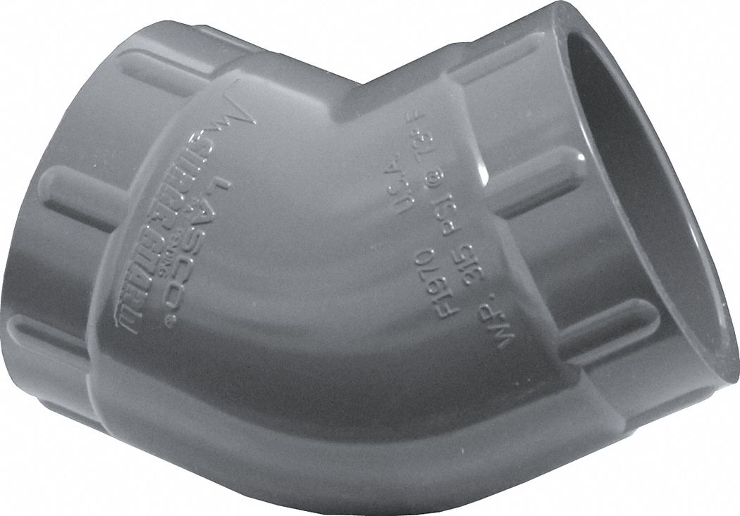 Pipe Elbow: Schedule 40, PVC, 2 in x 2 in Size, Socket x Socket, Female x Female, Gray, 140°F