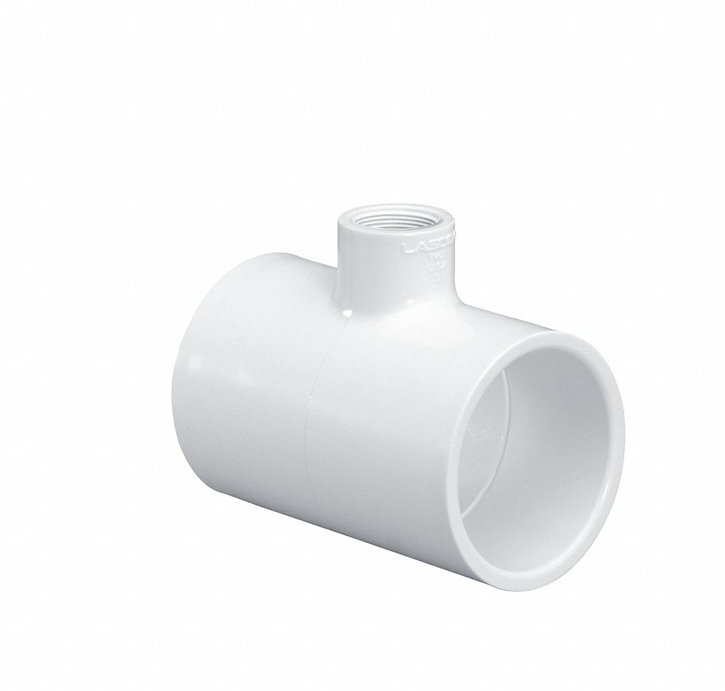 Tee Pipe Fitting: Schedule 40, PVC, 1 1/2 in x 1/2 in x 1/2 in Size, Socket x Socket x Socket, White