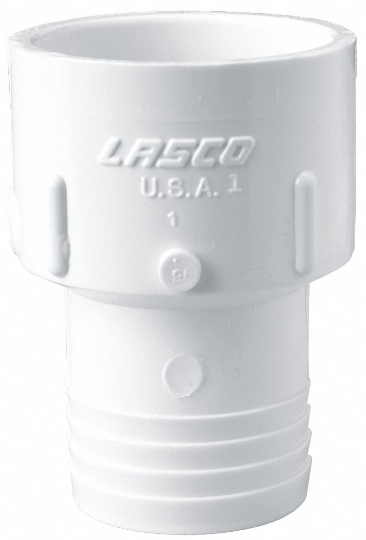 Pipe Adapter: Schedule 40, PVC, 3/4 in x 3/4 in Size, Socket x Barbed, Female x Male, White, 140°F