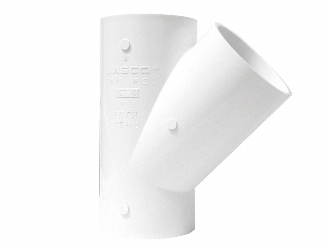 Wye Pipe Fitting: Schedule 40, PVC, 2 in x 2 in x 2 in Size, Socket x Socket x Socket, White, 140°F