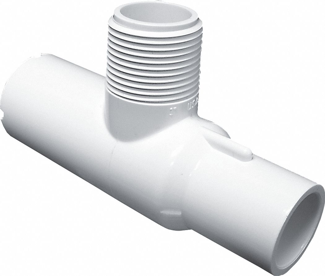 Tee Pipe Fitting: Schedule 40, PVC, 1 in x 1 in x 1 in Size, Socket x Spigot x Threaded, White, Tee