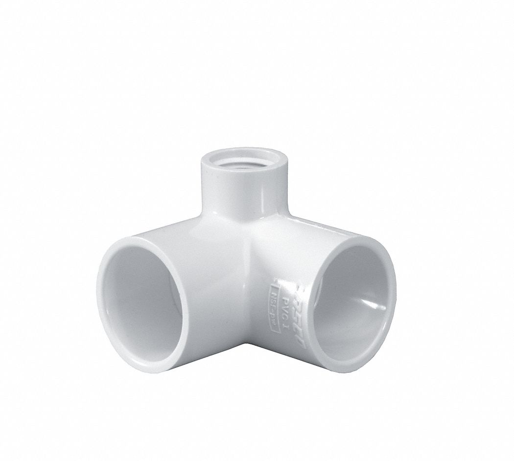 Pipe Elbow: Schedule 40, PVC, 3/4 in x 3/4 in x 1/2 in Size, Socket x Socket x Socket, White, 140°F