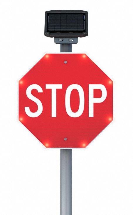 Flashing LED Stop Sign: 36 in x 36 in Nominal Sign Size, Aluminum, 0.08 in Thick, R1-1 MUTCD
