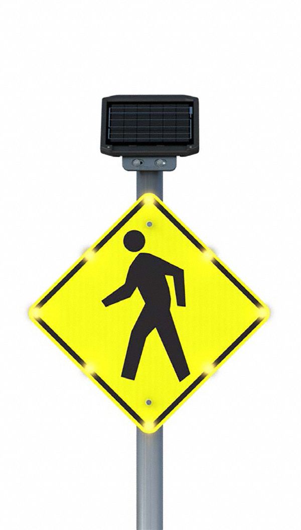 Flashing LED Pedestrian Crosswalk Sign: 36 in x 36 in Nominal Sign Size, Aluminum, 0.08 in Thick