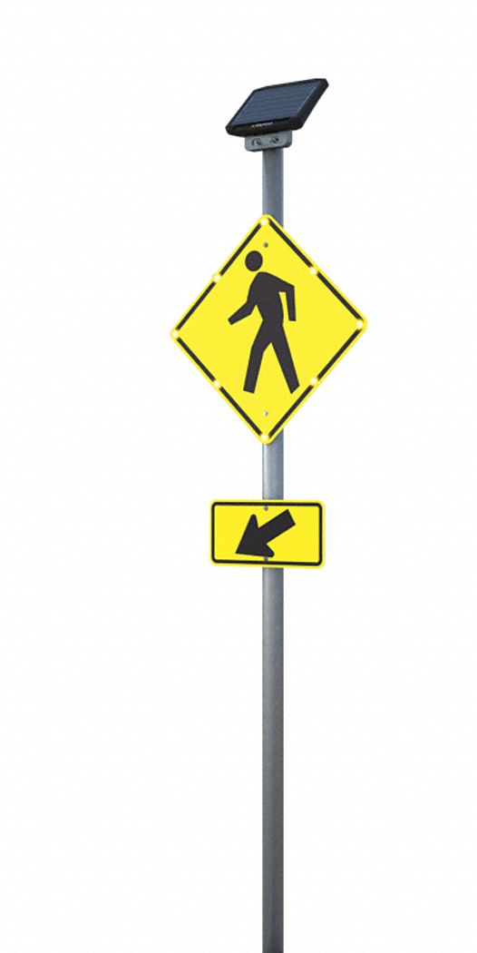 Flashing LED Pedestrian Crosswalk Sign: 30 x 30 in Nominal Sign Size, Aluminum, 0.08 in Thick
