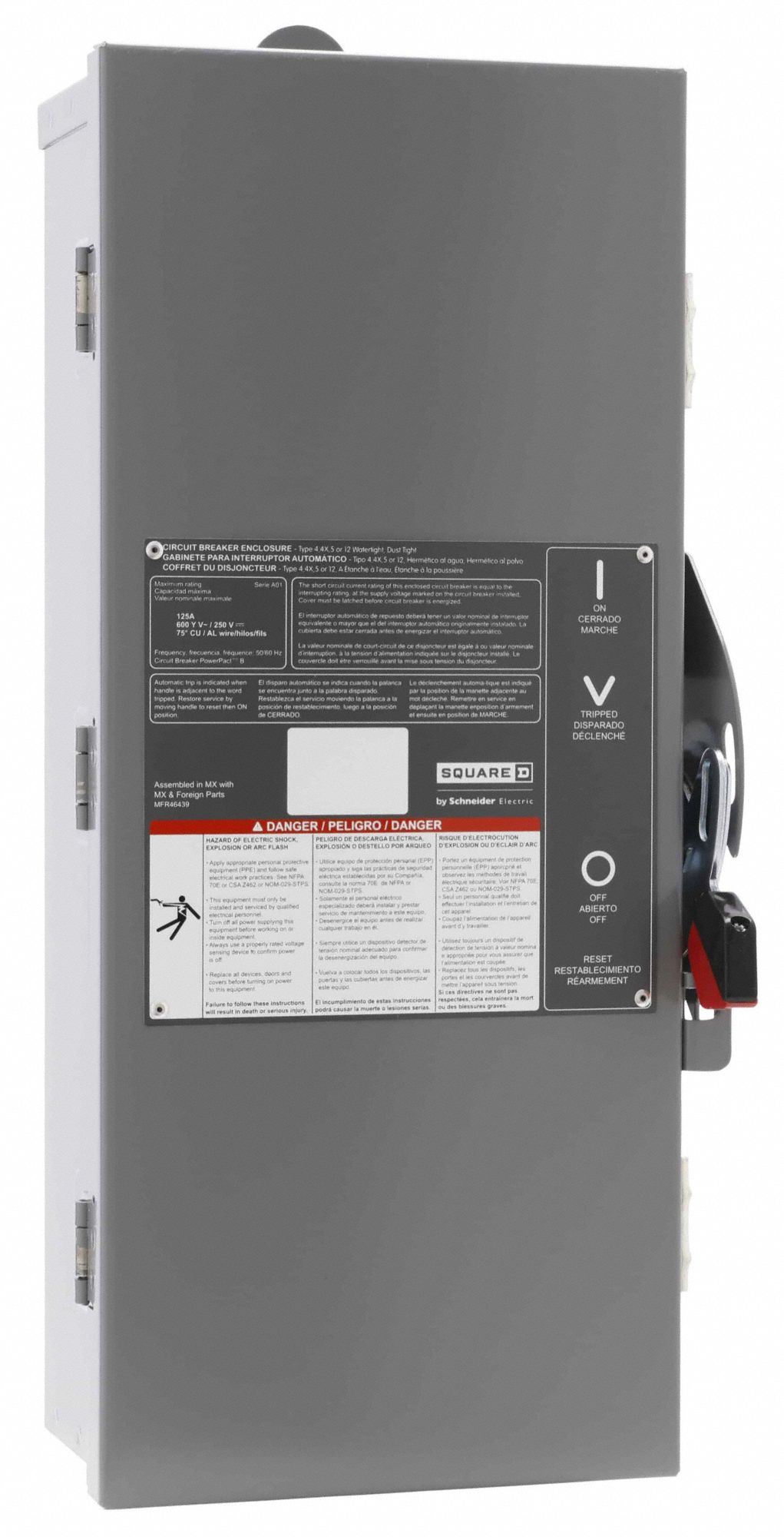 Circuit Breaker Enclosure: 3 Spaces, 125 A Amps, Surface Mounting, Outdoor