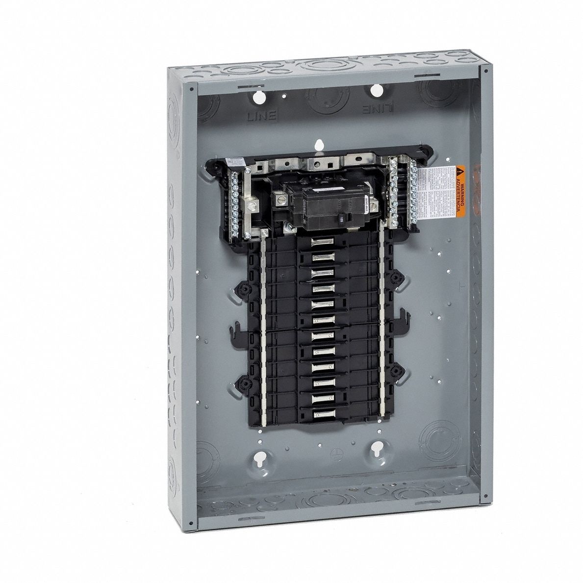 Load Center: 125 A Amps, 120/240V AC, 24 Spaces, 22 kA, 10 Max. No. of Tandem Breakers, Indoor