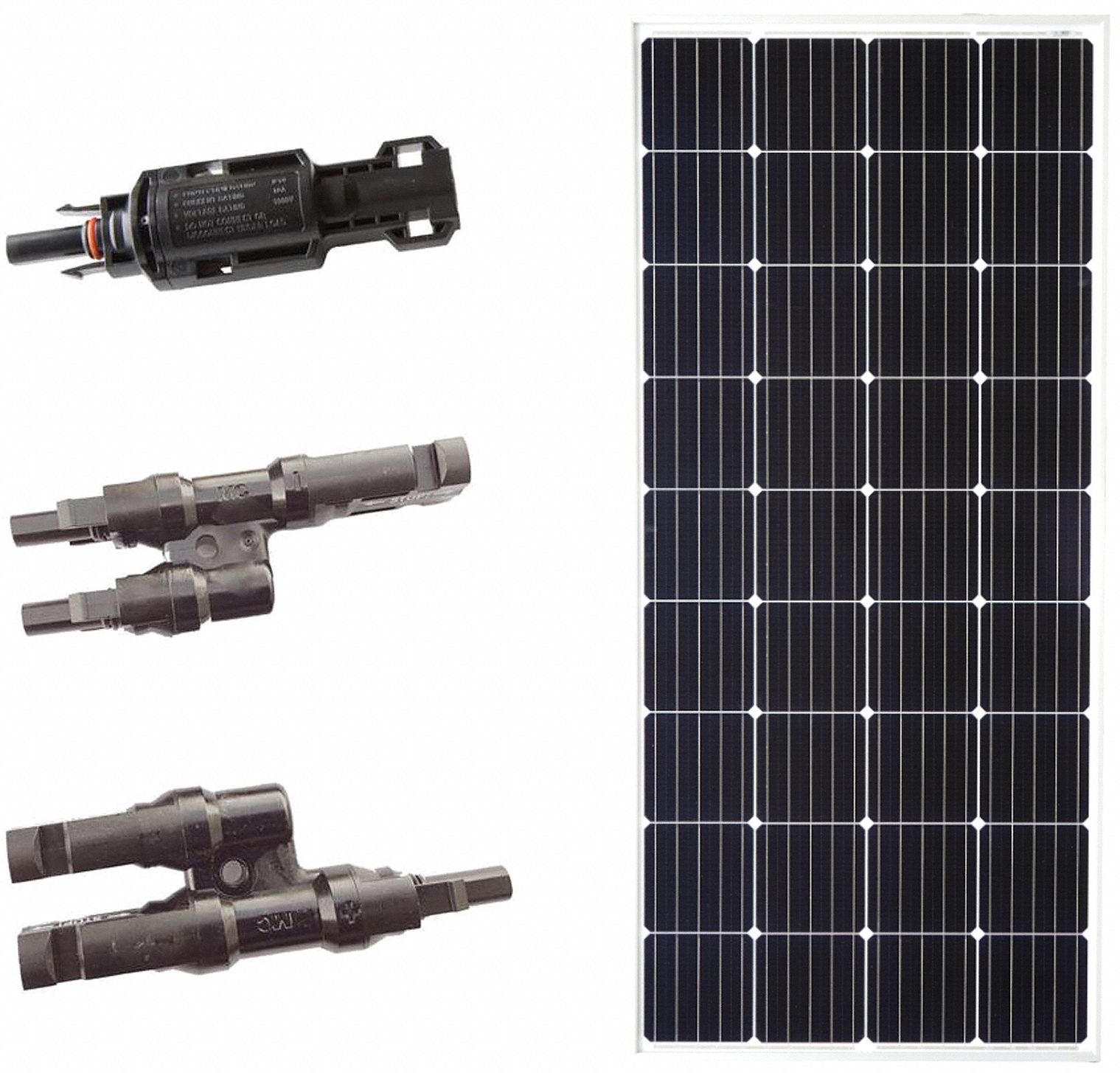 Solar Panel: Monocrystalline, 200 W Nominal Output Power, 36 Cells, 20.3V DC, MC4, 1 1/4 ft Cable Lg