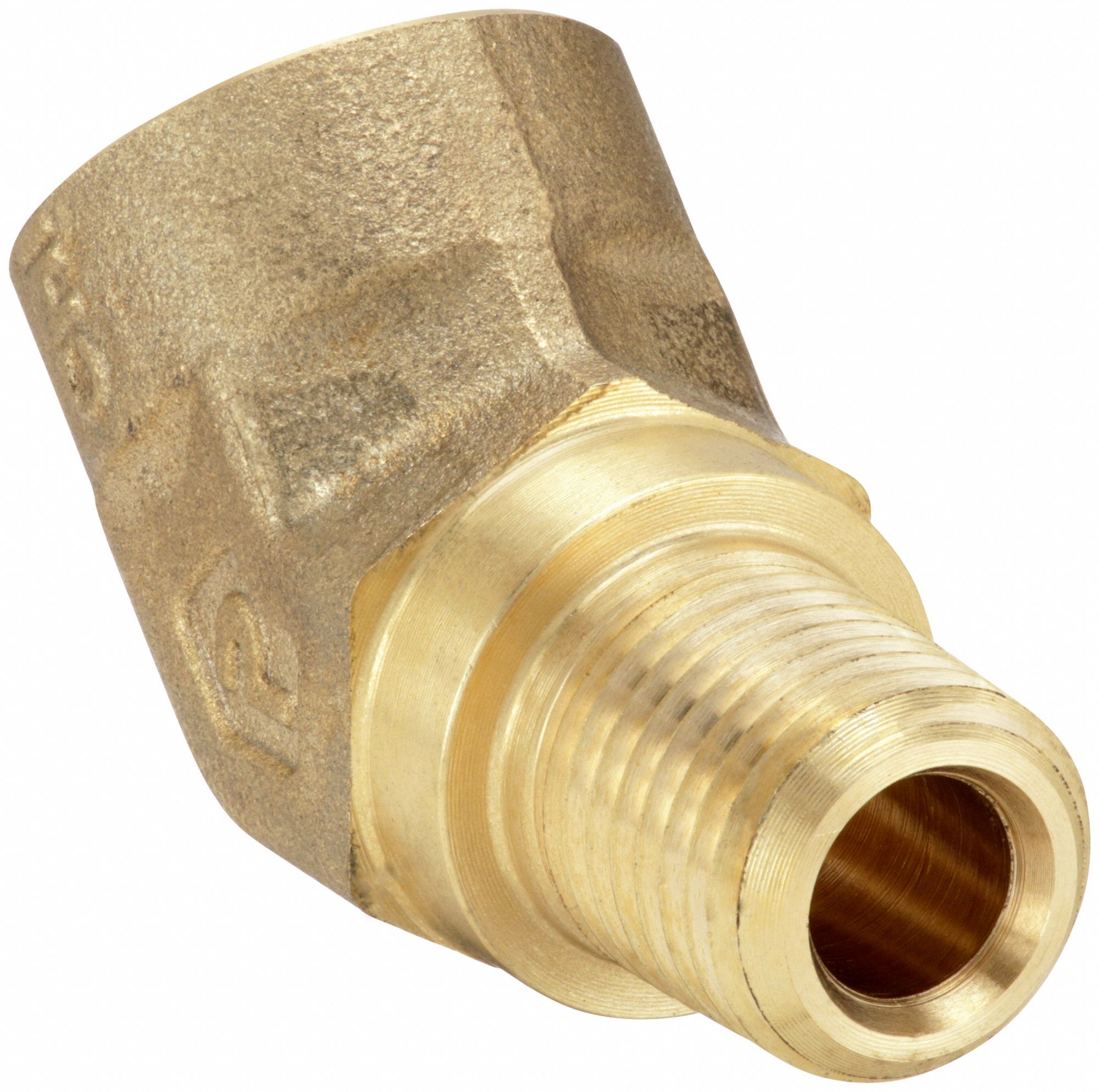 45° Street Elbow: Brass, 1/4 in x 1/4 in Fitting Pipe Size, Male NPTF x Female NPTF