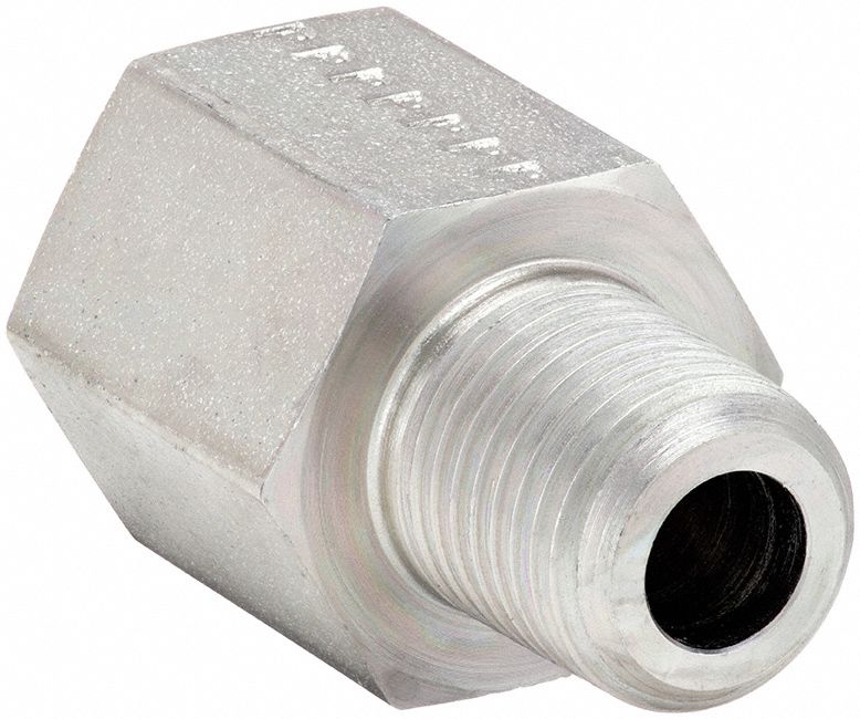 Straight Adapter: Steel, 1/4 in x 3/8 in Fitting Pipe Size, Male NPT x Female BSPP, 1 3/8 in Lg