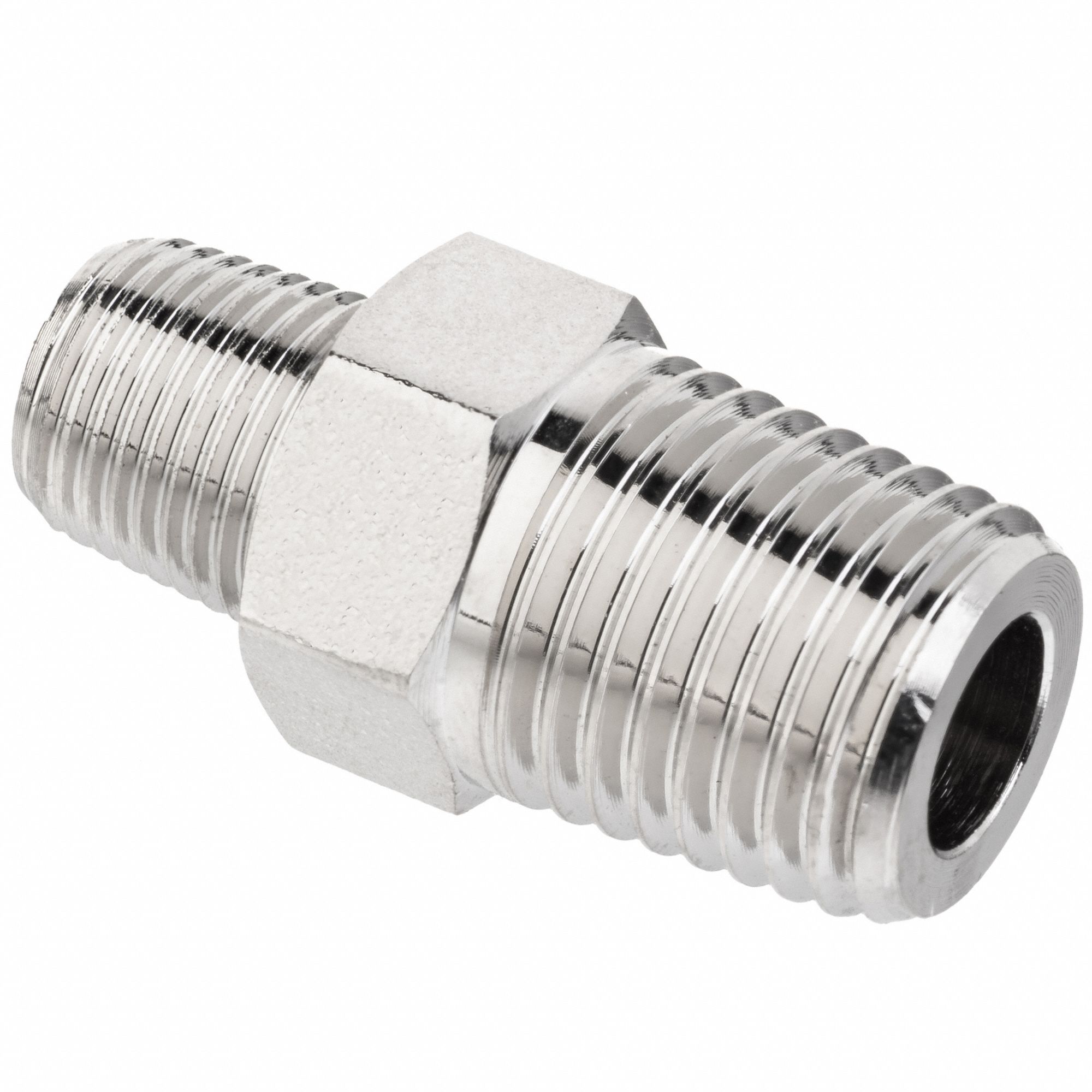 REDUCING HEX NIPPLE, NPTF MALE, PIPE SIZE ¼ X ⅛ IN, NICKEL-PLATED BRASS, 1000 PSI