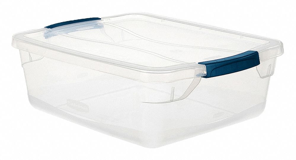 Storage Tote: 4 gal, 13 3/8 in x 8 3/8 in x 4 3/4 in, Clear Body, Clear Lid, Nestable