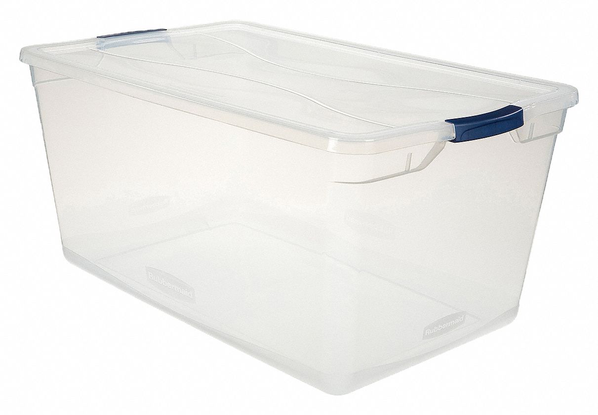 Storage Tote: 23.75 gal, 29 in x 17 3/4 in x 13 1/4 in, Clear Body, Clear Lid, Nestable