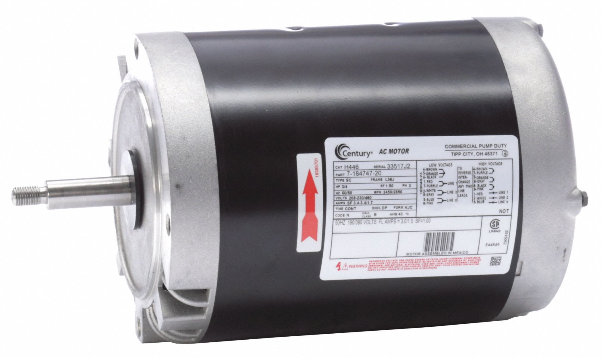 General Purpose Pump Motor: Open Dripproof, Face Mounting, 3/4 HP, 208-230/460V AC, 1