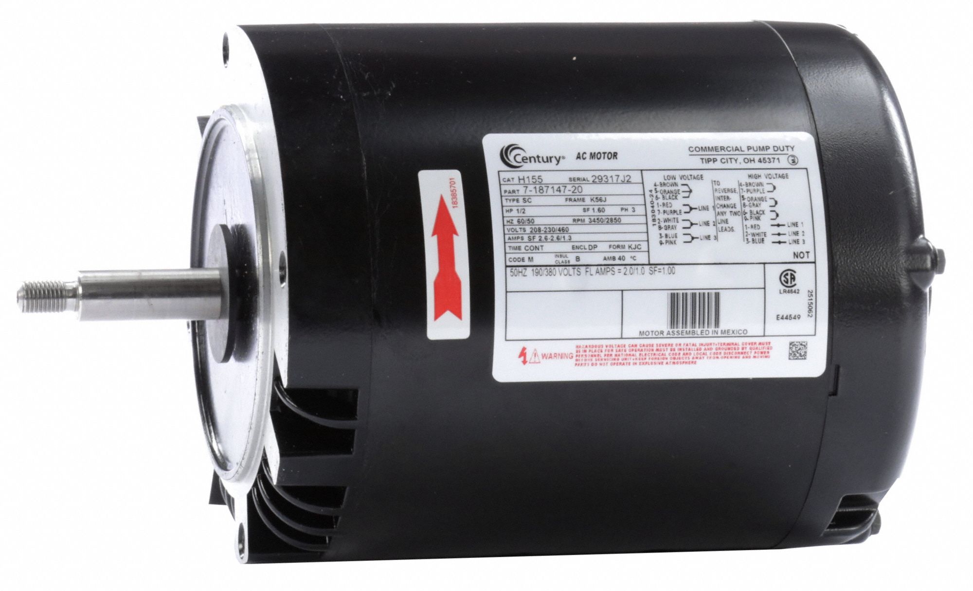General Purpose Pump Motor: Open Dripproof, Face Mounting, 1/2 HP, 208-230/460V AC, 1