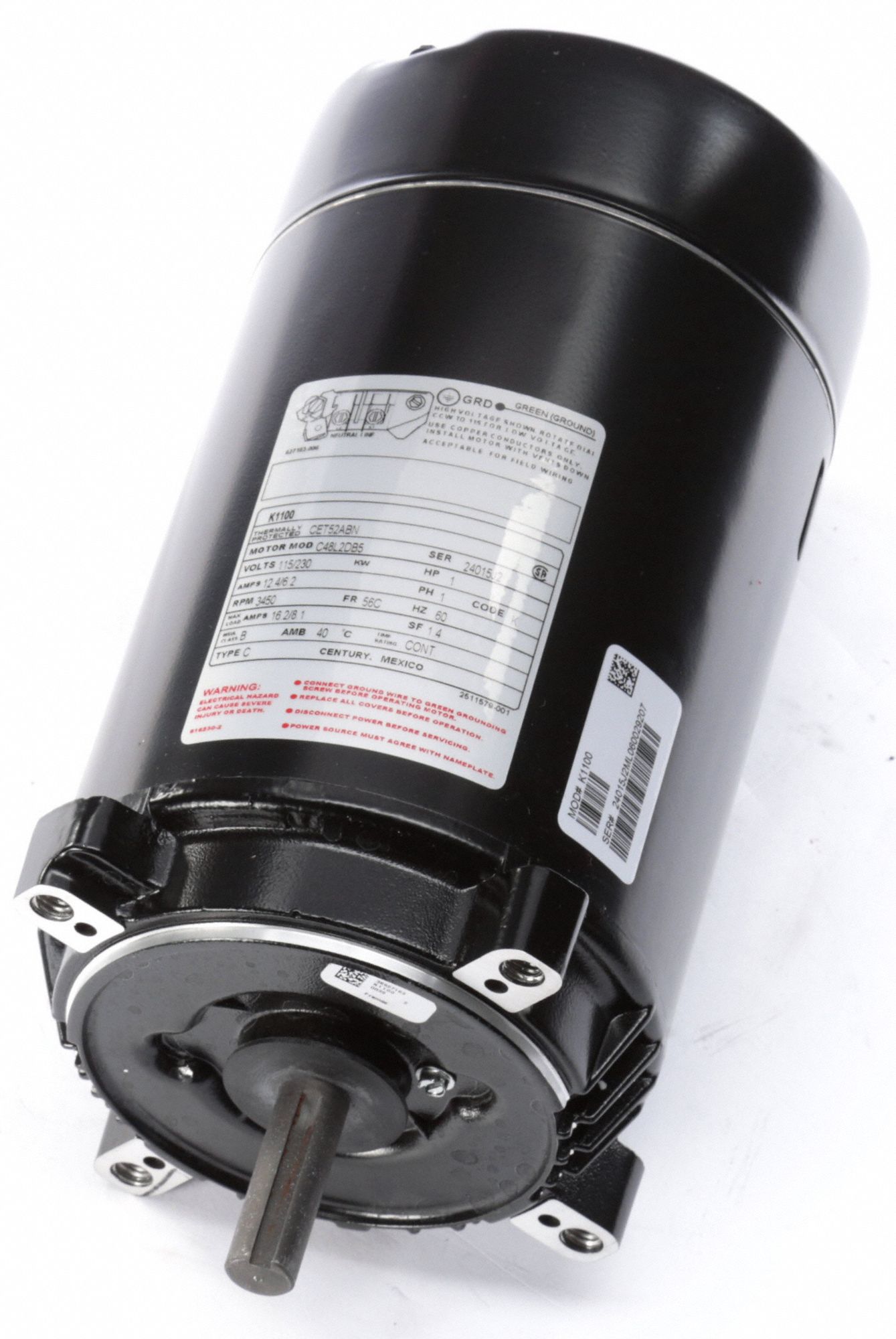 Jet Pump Motor: Open Dripproof, Face Mounting, 1 HP, 3, 450 Nameplate RPM, 115/230V AC, 1