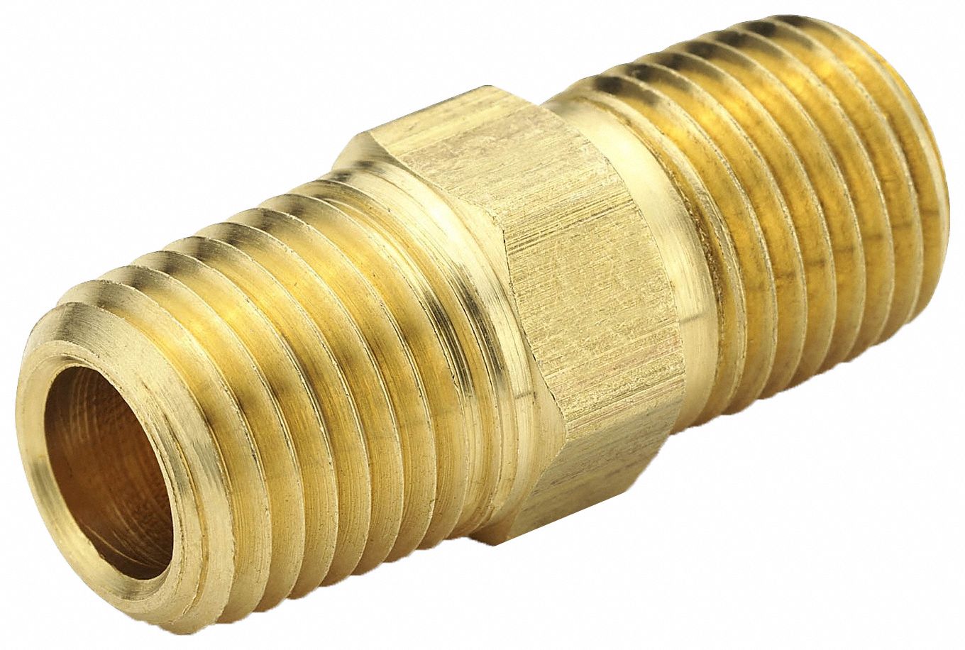 HEX NIPPLE: BRASS, ¼ IN X ¼ IN FITTING, MALE NPT X MALE NPT, 1⅜ IN OVERALL LG, MALE