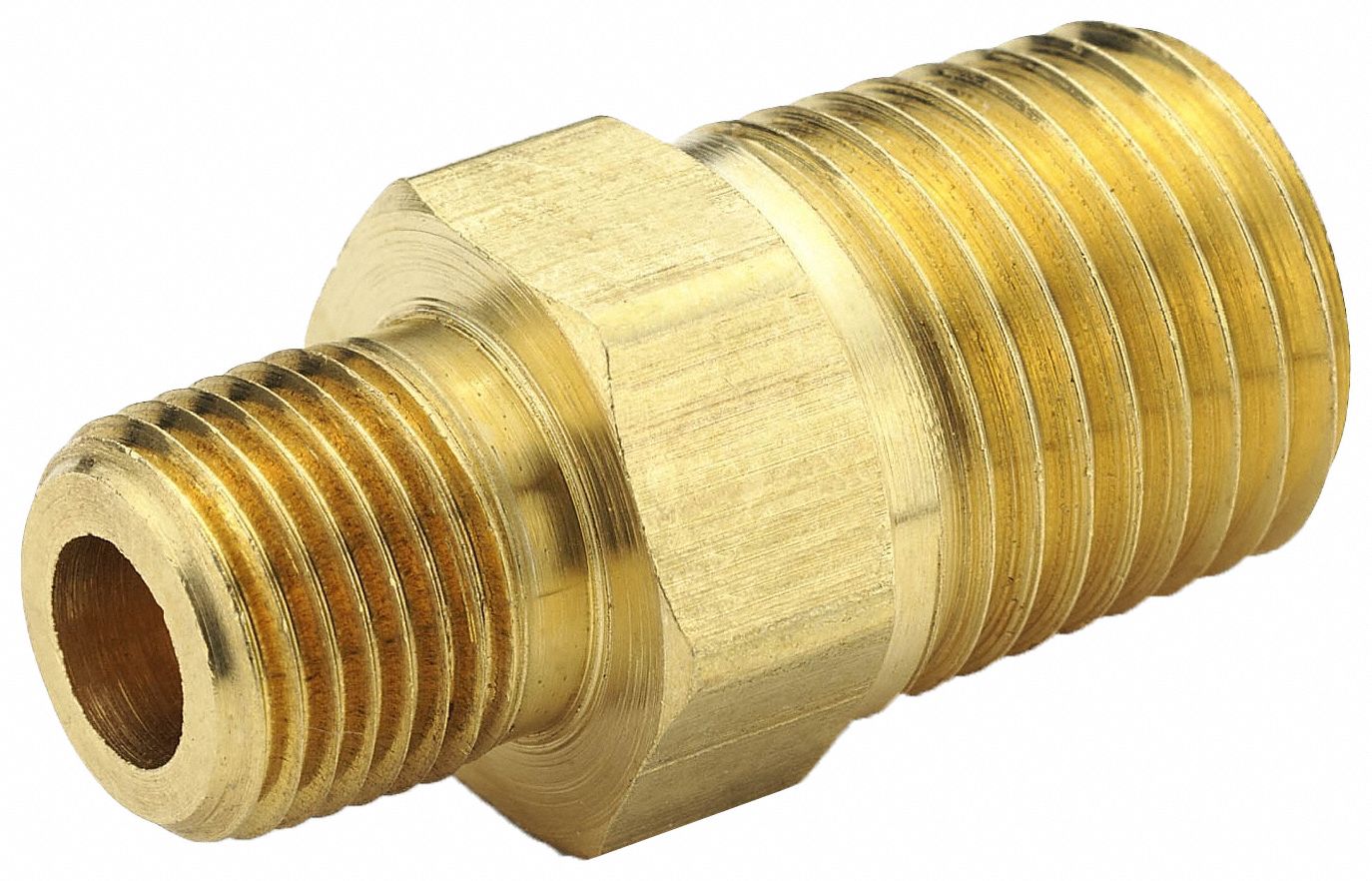 Hex Reducing Nipple: Brass, 1/2 in x 1/4 in Fitting Pipe Size, Male NPT x Male NPT