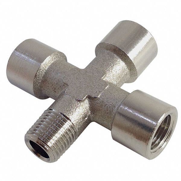 Female x Male Cross: Nickel-Plated Brass, 3/8 in x 3/8 in x 3/8 in x 3/8 in Fitting Pipe Size