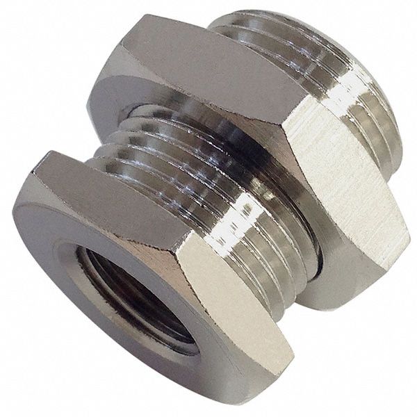 Female x Male Bulkhead Connector: Nickel-Plated Brass, 1/2 in x 28 mm Fitting Pipe Size
