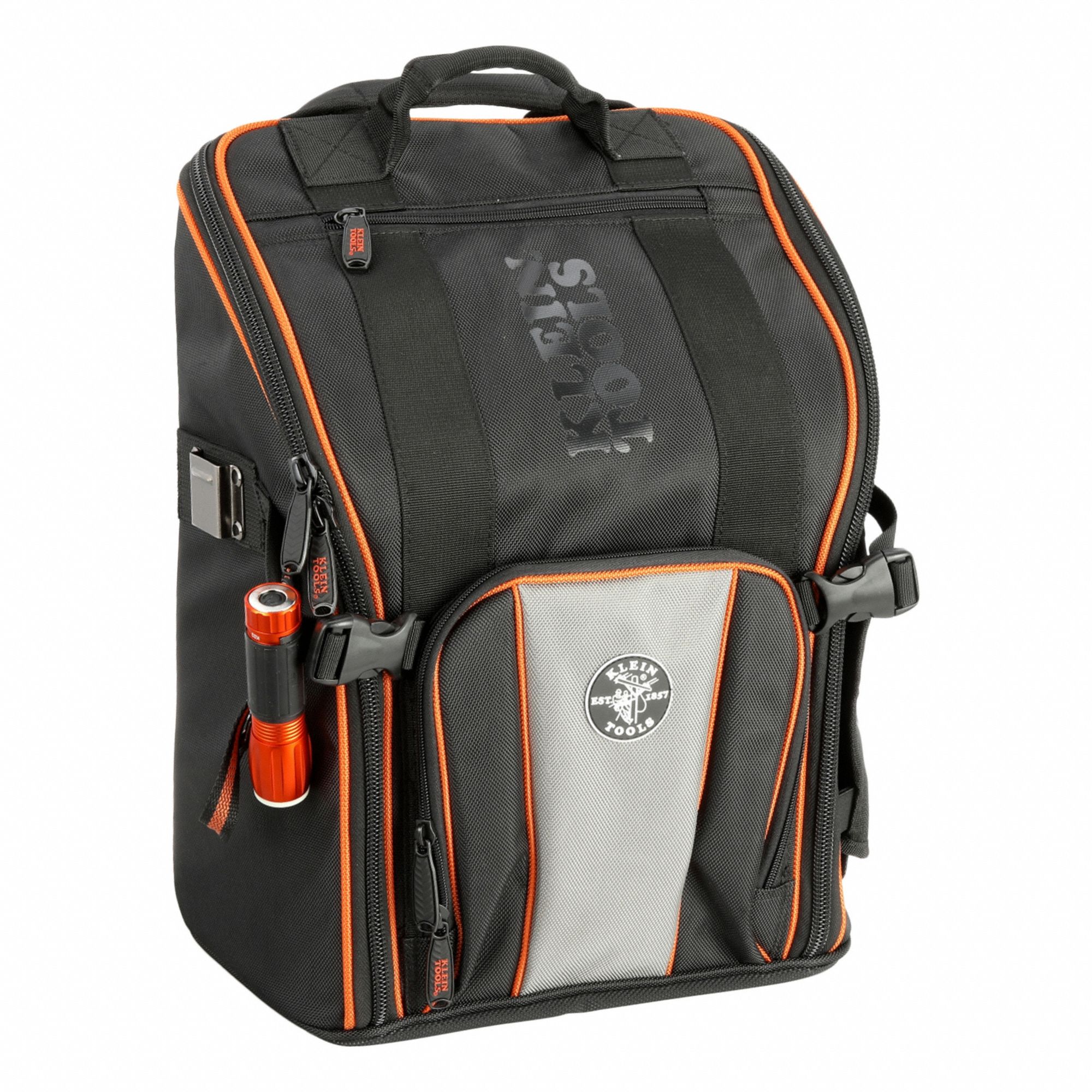 Tool Backpack: 8 1/2 in W 13 1/2 in D 17 1/4 in H, Polyester, Black/Gray/Orange