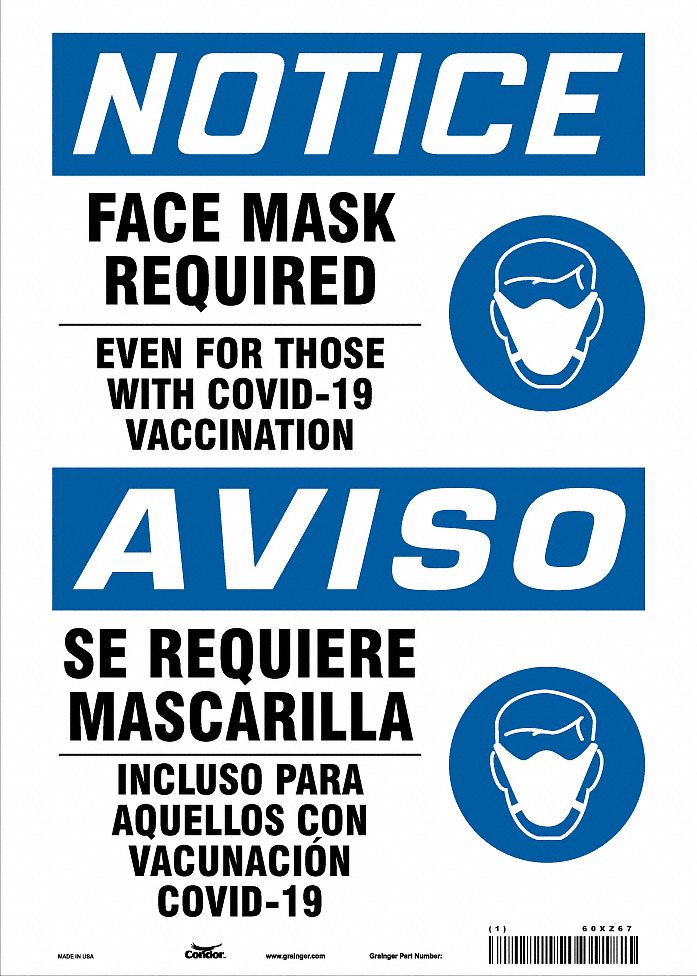 Facemask Reminder Safety Sign: Plastic, White, Not Retroreflective, 14 in Ht, 10 in Wd