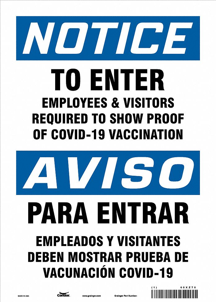 Employee and Visitor Vaccine Proof Safety Sign: Plastic, White, Not Retroreflective, 14 in Ht