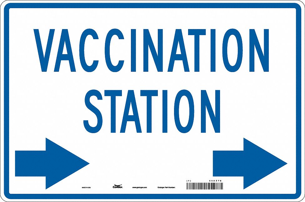 Vaccination Directional Sign: Aluminum, White, Engineer, 12 in Ht, 18 in Wd, English