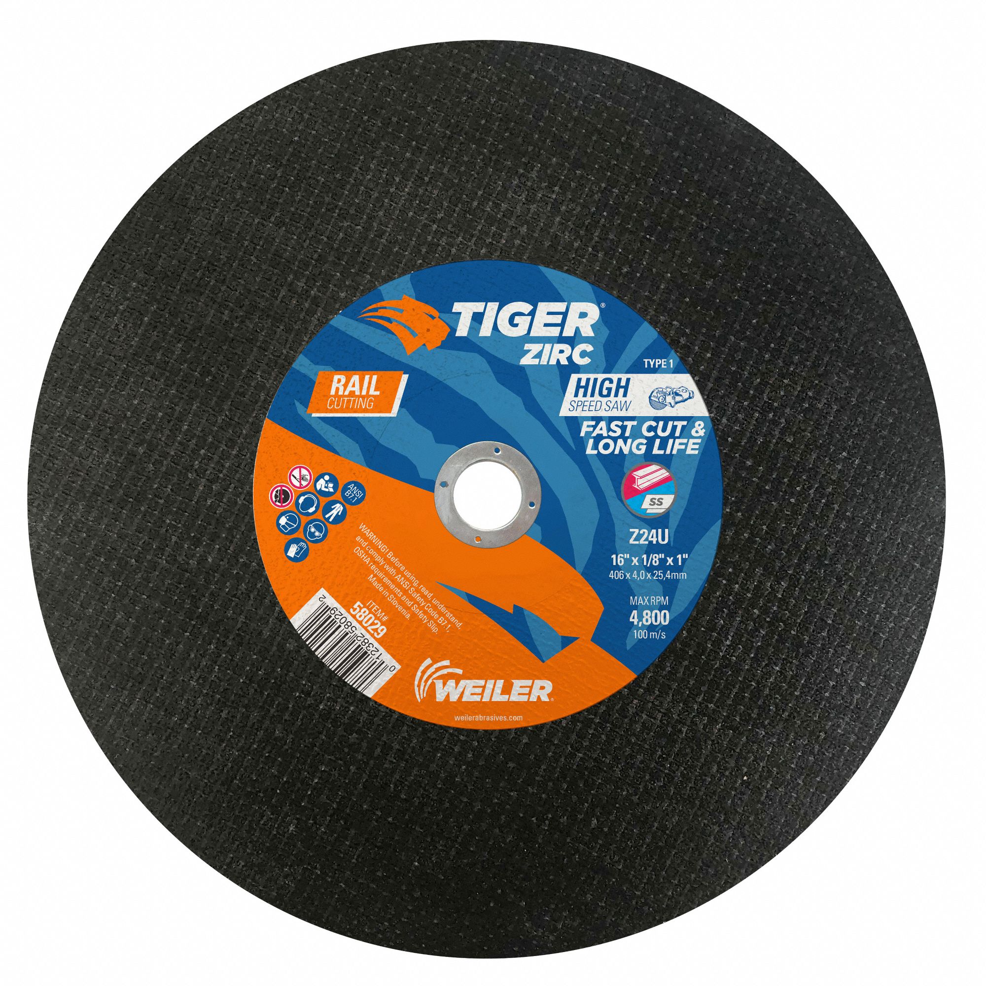 TIGER ZIRC 16 in, Type 1 Zirconia Alumina Abrasive CutOff Wheel, 1 in