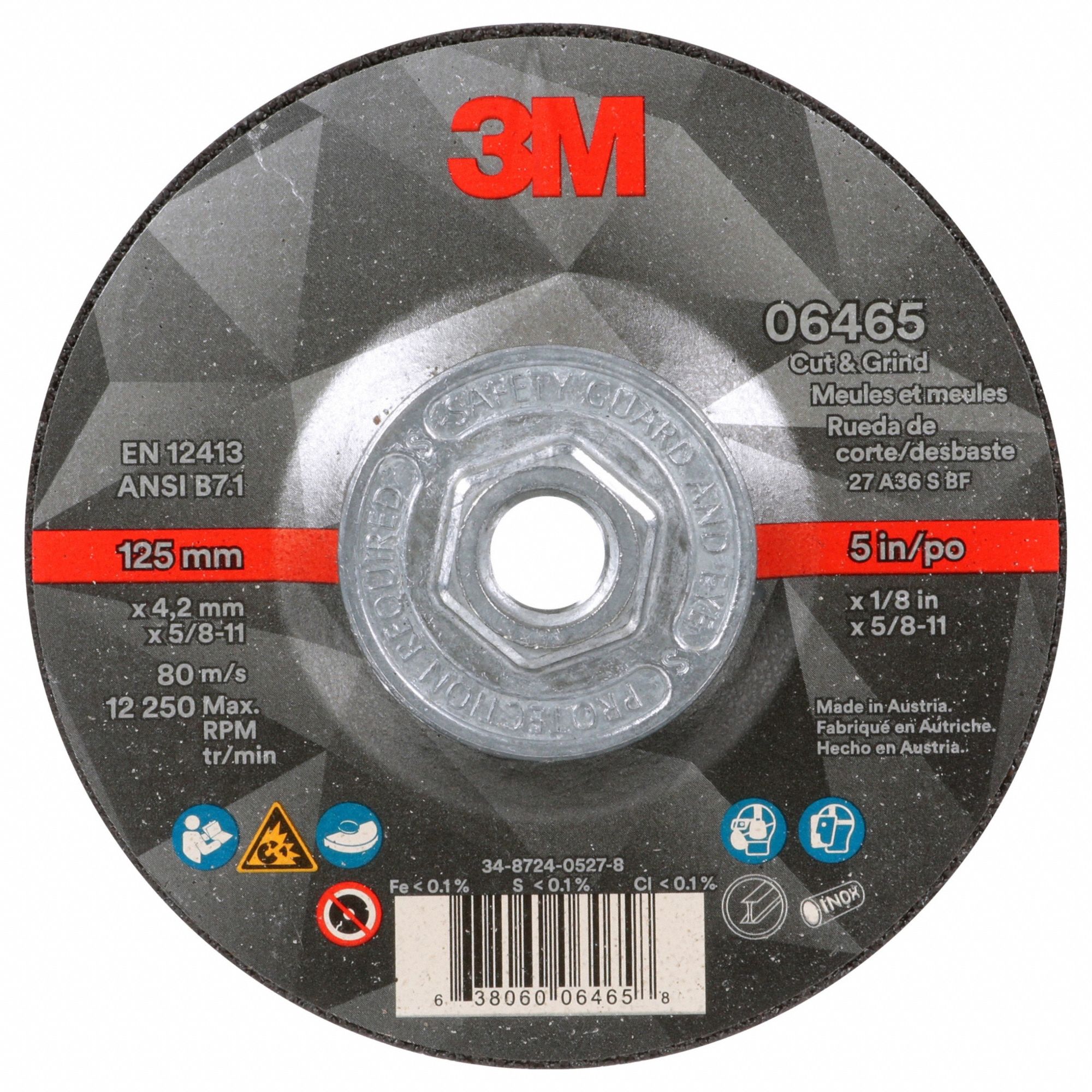 Cut-Off & Grinding Wheel: Type 27, 5" x 1/8" x 5/8"-11, Ceramic, 36 Grit, Cut & Grind