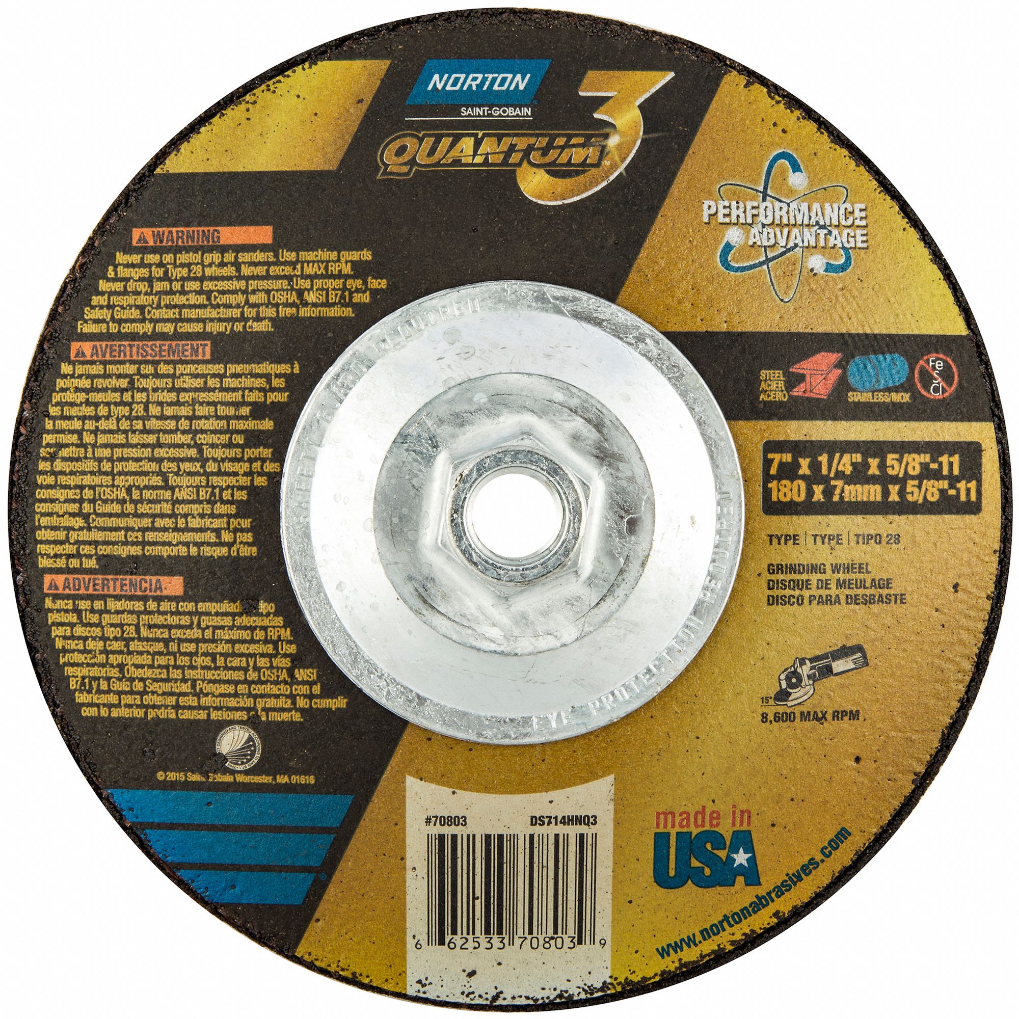 Depressed Center Grinding Wheel: Type 28, 7" x 1/4" x 5/8"-11, Ceramic, 20 Grit, Quantum 3 SG