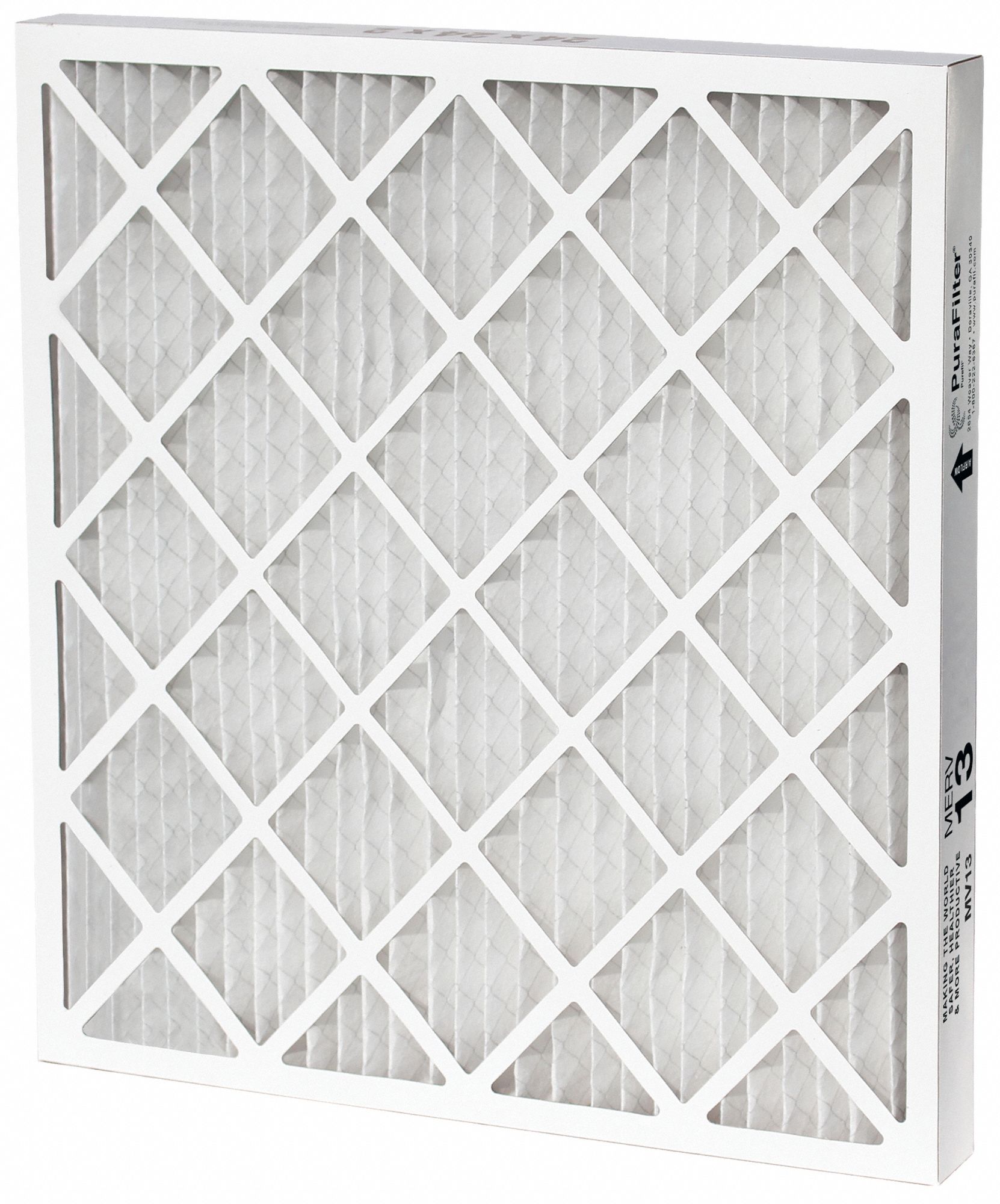 Pleated Air Filter: 20x20x1, MERV 13, High Capacity, Synthetic, Beverage Board