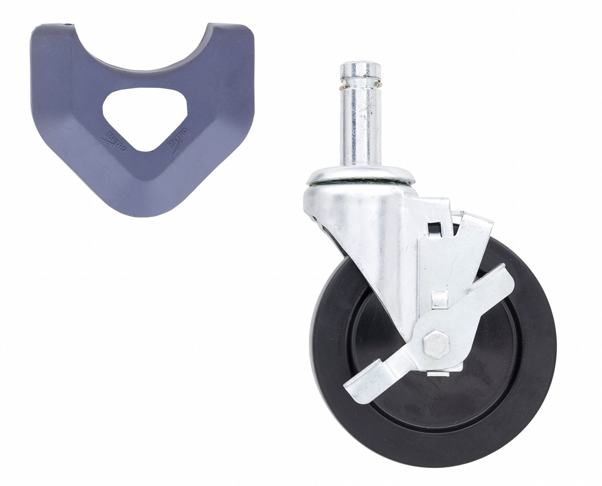 Rubber Swivel/Brake Stem Caster: 5 in Caster Wheel Dia, Swivel with Brake, Rubber, Steel