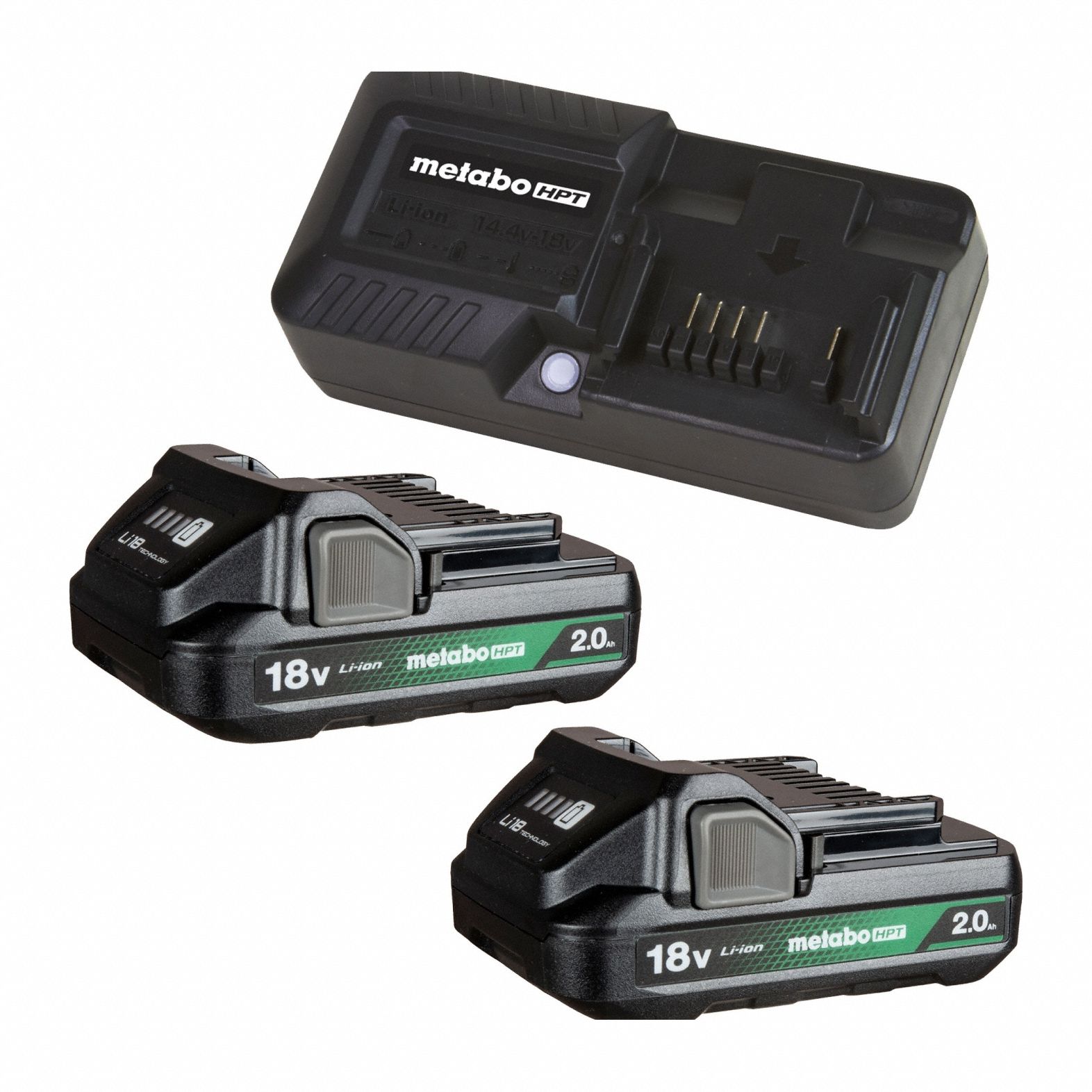 METABO HPT Starter Kit;Battery;Charger: 2 Ah, 2 Batteries Included, Charger Included, Tabbed, 18V DC (MPN UC18YKSLQBYM). Key specifications — attr1278107: Not Oil-Resistant.
