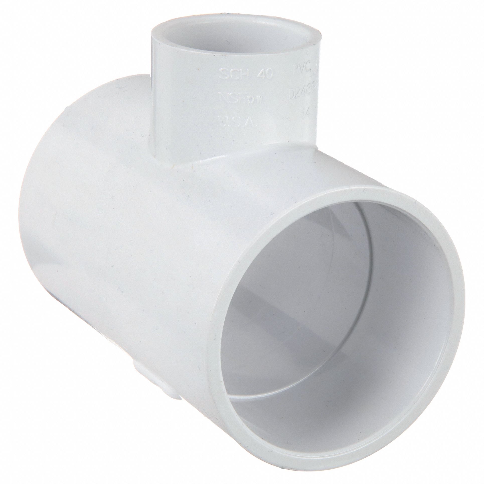 Tee Pipe Fitting: Schedule 40, PVC, 2 in x 2 in x 1 in Size, Socket x Socket x Socket, White, 140°F
