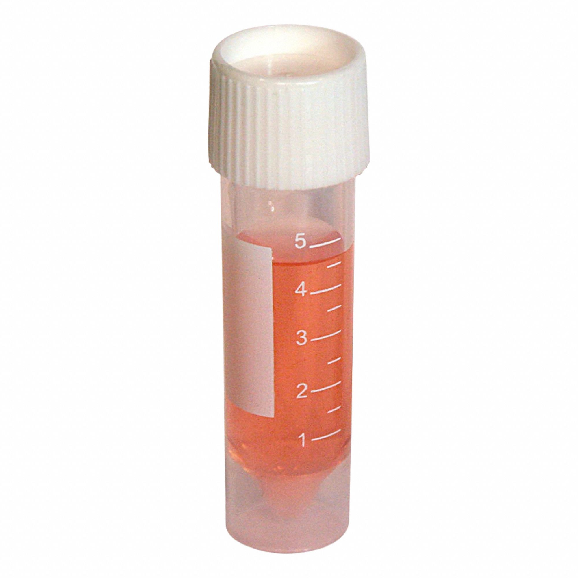 GLOBE SCIENTIFIC Test Tube: Test Tube, Polypropylene, 5 mL Capacity - mL, Conical, Colorless, White (MPN 6104SP). Key specifications — Brand: GLOBE SCIENTIFIC; Graduated: Yes; Closure Color: White; Includes: Attached White Screw Cap; Includes Closure: Yes; Body Color: Colorless; Bottom Shape: Conical; Body Material: Polypropylene.