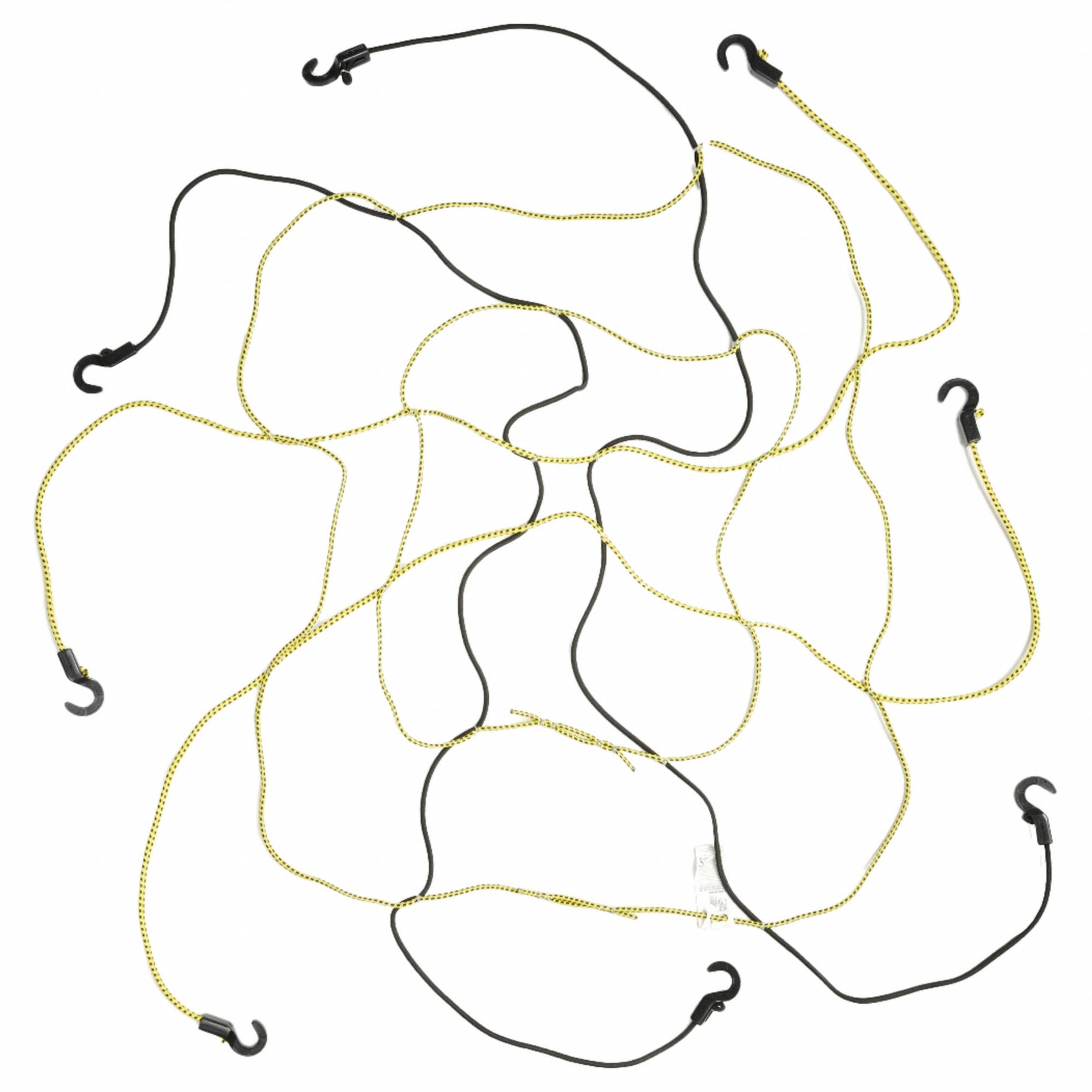 CARGO NET, CORD, BLACK/YELLOW, RUBBER, EIGHT ZIPHOOK CORDS, 3 FT NET W, 3⅛ FT NET L, ROUND