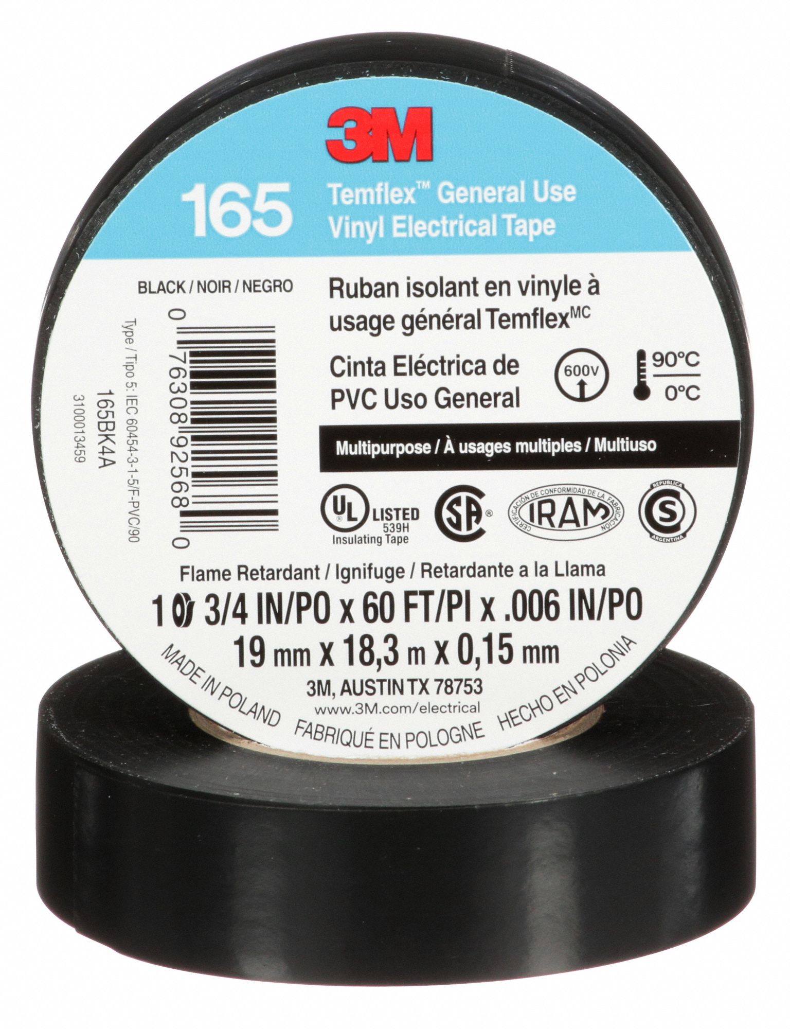 3M 076308-92568 Temflex Vinyl Electrical Tape 165, 60 ft x 3/4 in, Black