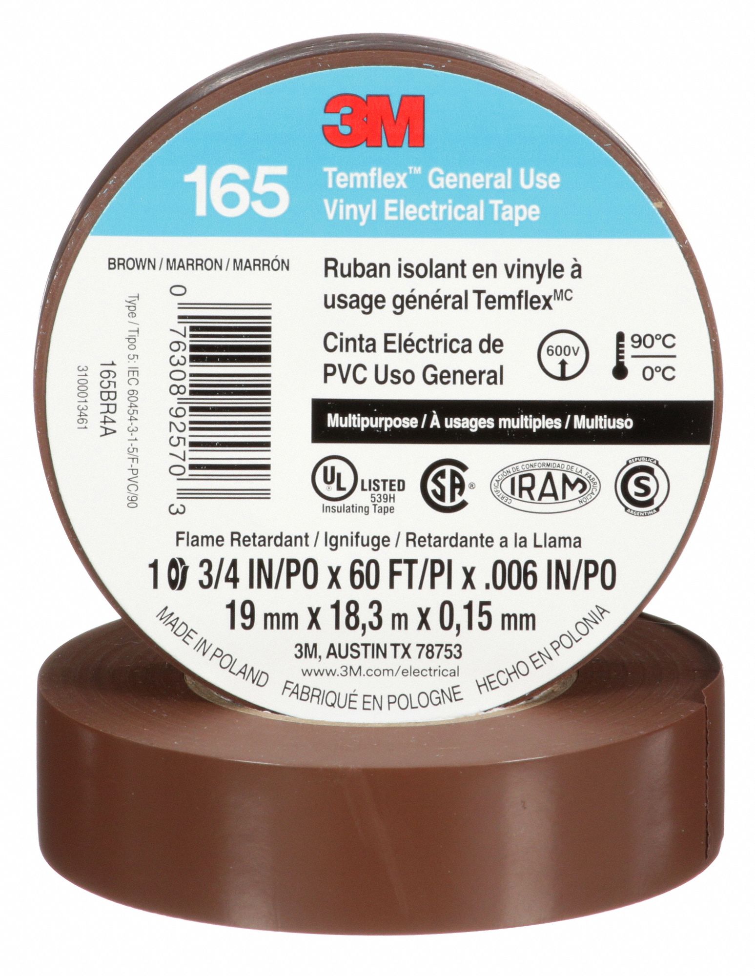 INSULATING ELECTRICAL TAPE, GENERAL PURPOSE, 165, VINYL, ¾ IN X 60 FT, 6 MIL THICK