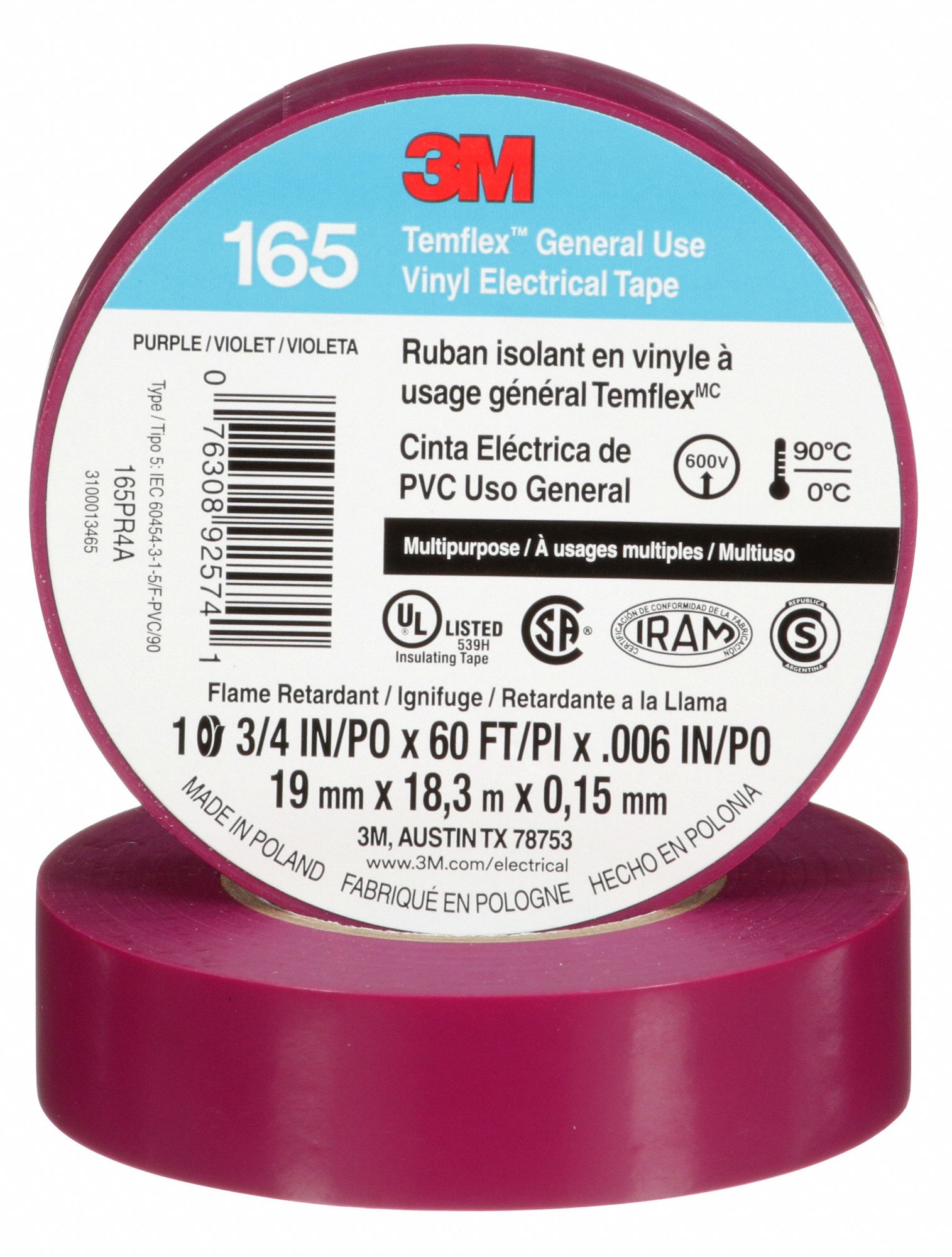 INSULATING ELECTRICAL TAPE, GENERAL PURPOSE, 165, VINYL, ¾ IN X 60 FT, 6 MIL THICK