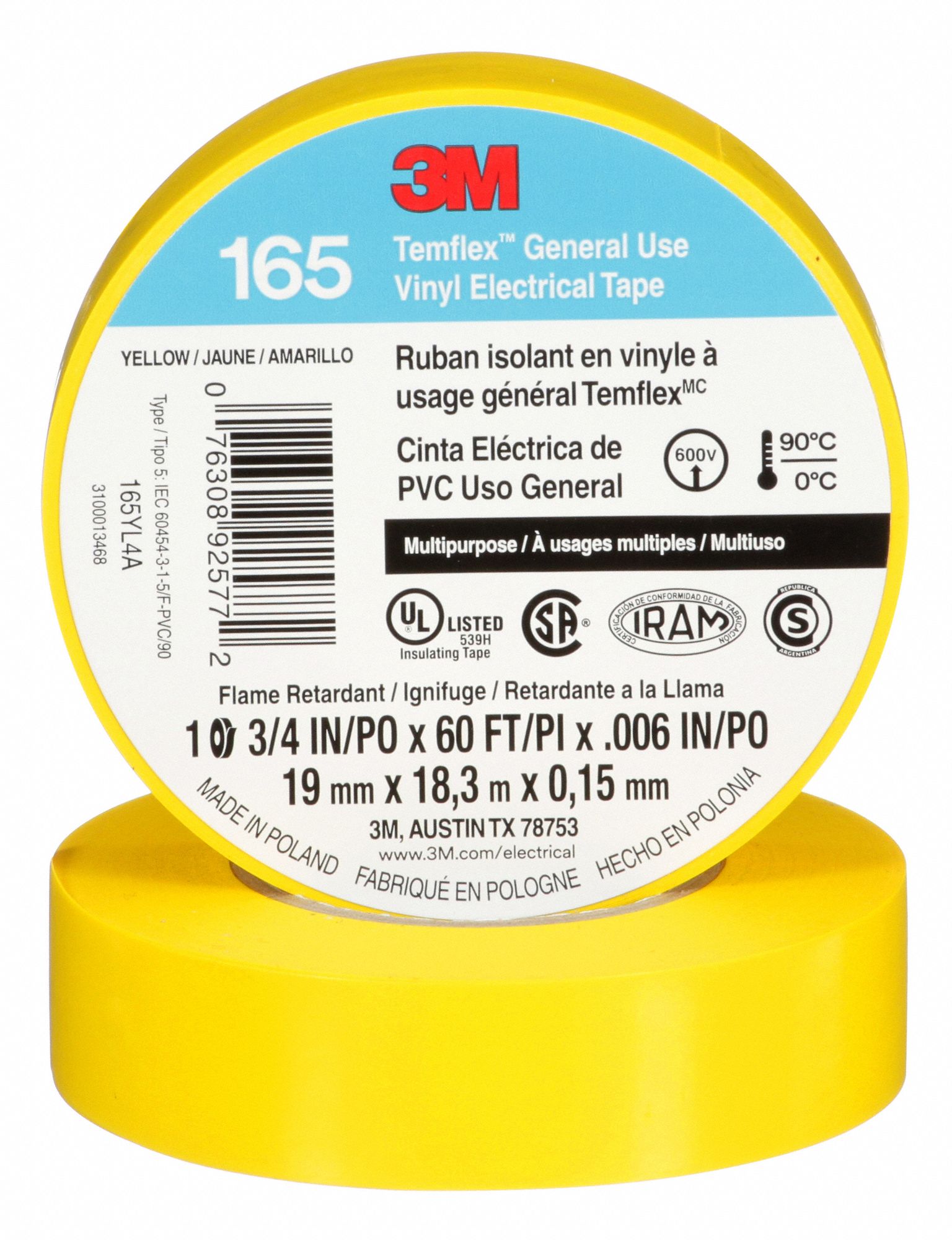 RUBAN ISOLANT,JAUNE,LO 60 PI