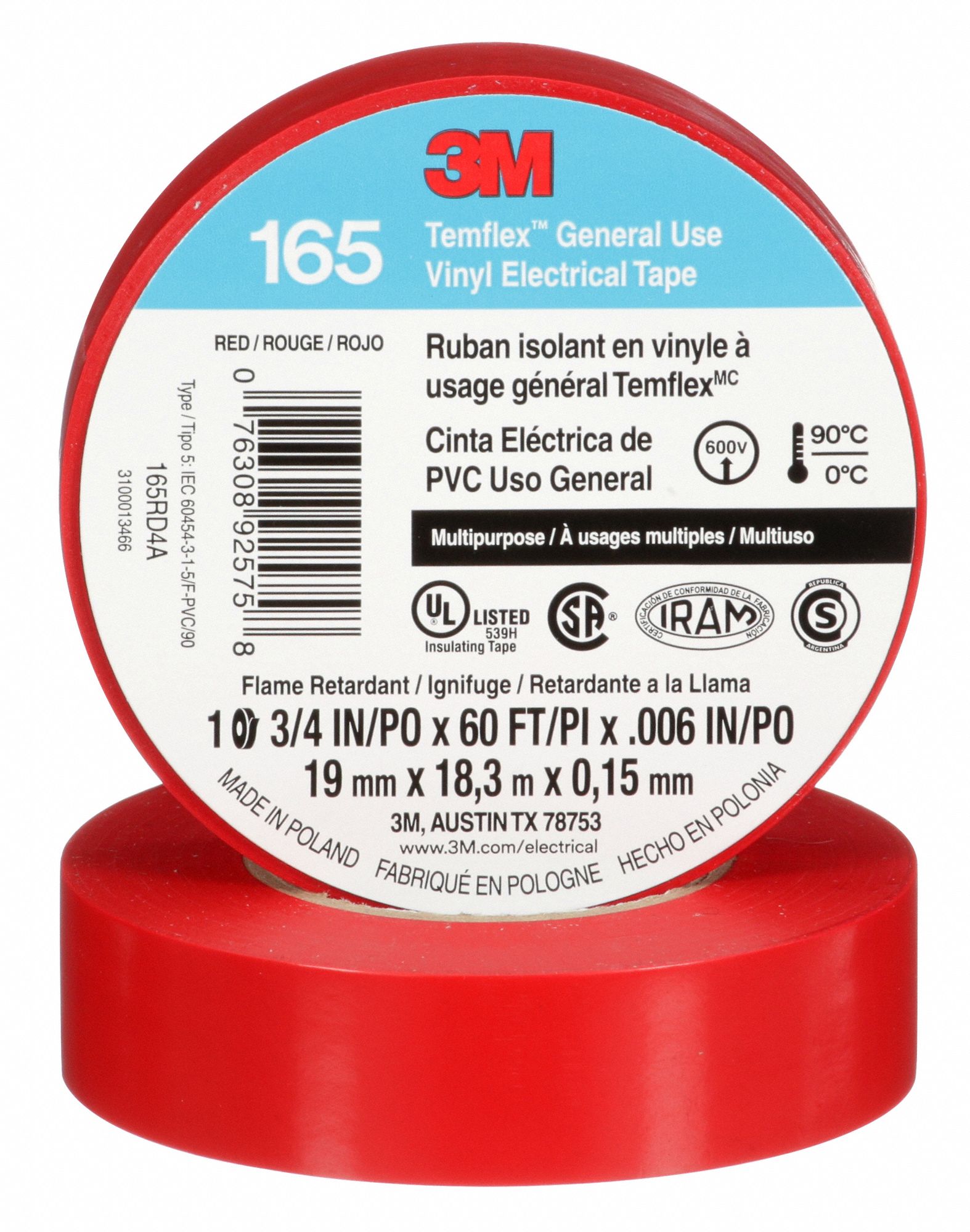 RUBAN ISOLANT,ROUGE,LO 60 PI