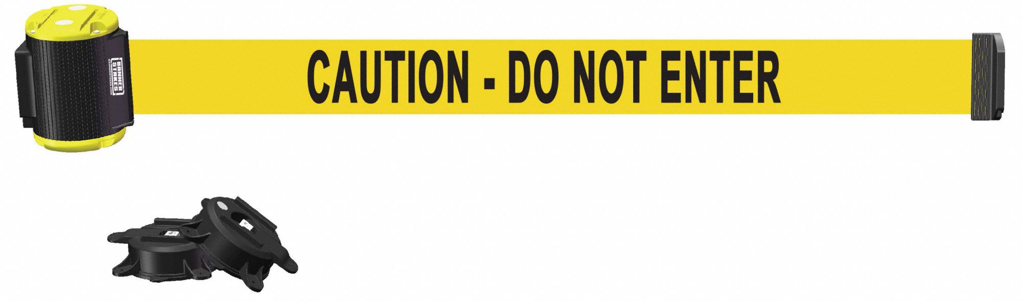 Magnetic Wall Mount Barrier: Magnet, 15 ft Belt Lg, Caution Messaging, Yellow