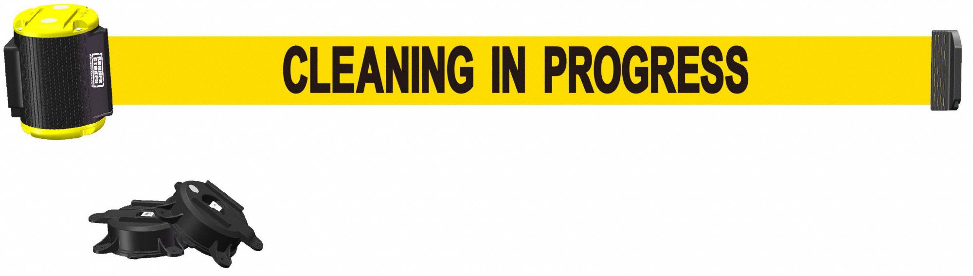 Magnetic Wall Mount Barrier: Magnet, 15 ft Belt Lg, Maint & Cleaning Messaging, Yellow