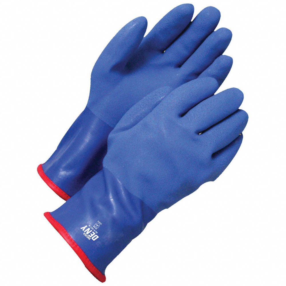 PVC GLOVES W/BOA LINING, L, BLUE, 12 IN, GAUNTLET CUFF, RUBBER, TEXTURED FINISH