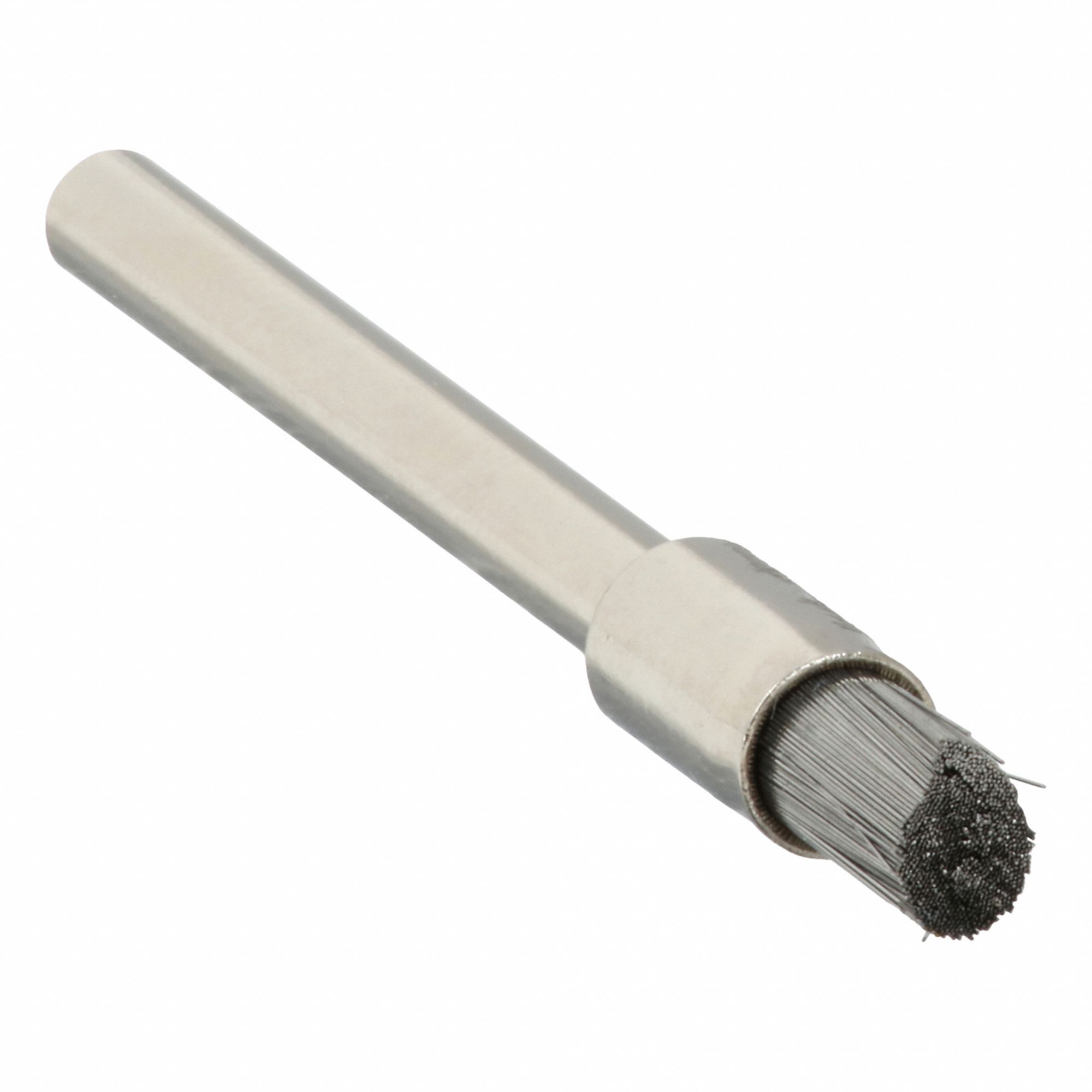Miniature End Brush: Crimped Steel, 3/16 in Dia, 0.003 in Fill Dia, 1/8 in Shank